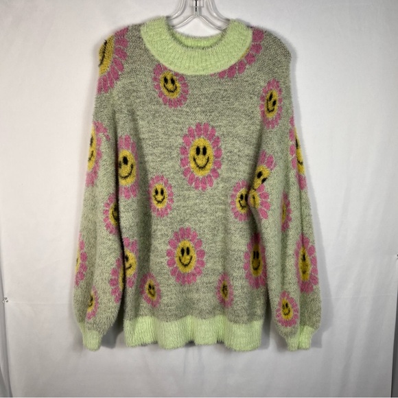 Forever 21 Pastel Green Eyelash Knit Fuzzy Floral Happy Smiley Face Sweater S - Picture 2 of 5